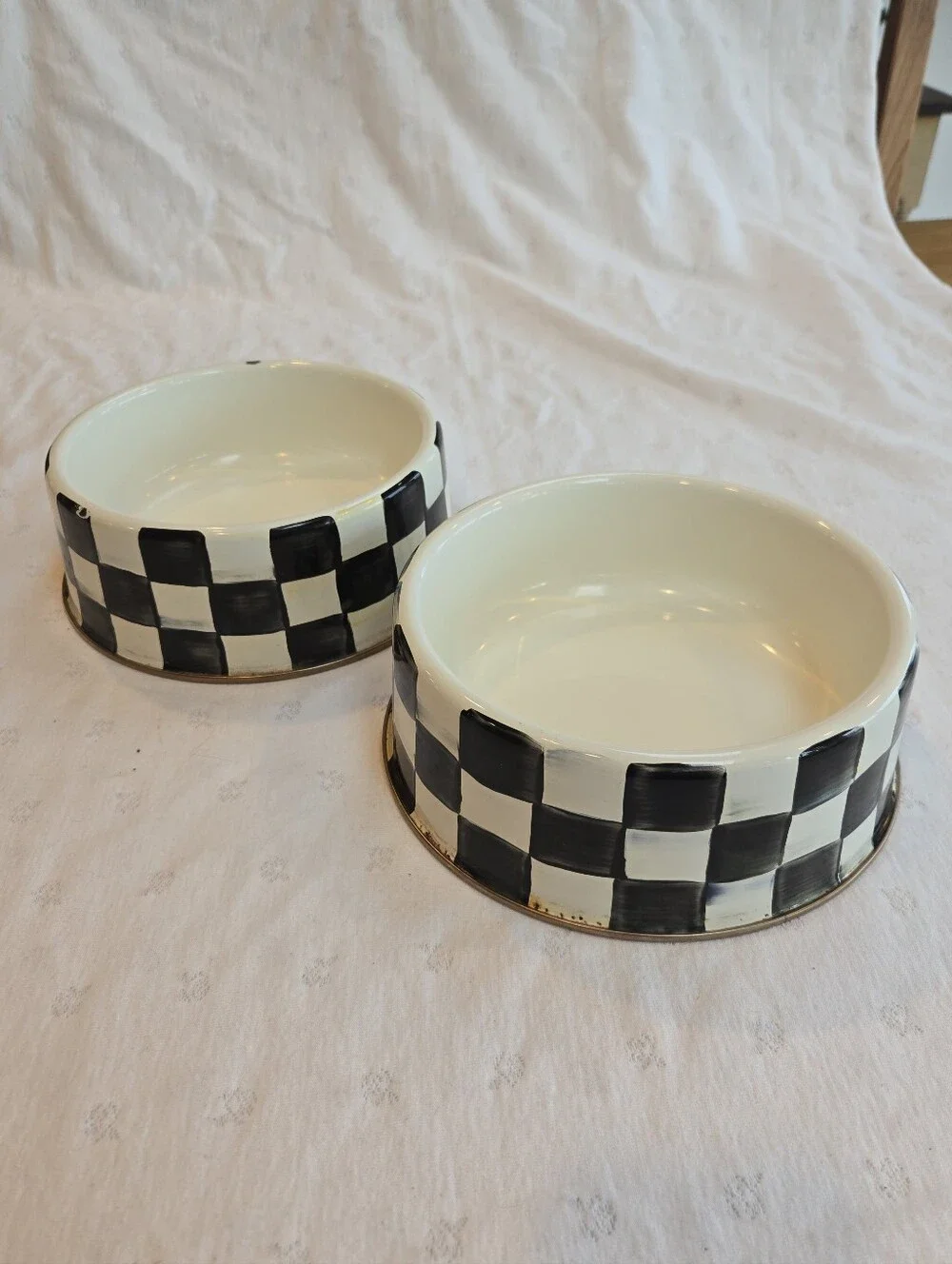 Set of 2 MacKenzie-Childs Courtly Check Enamel Pet Dish Bowls Size Large